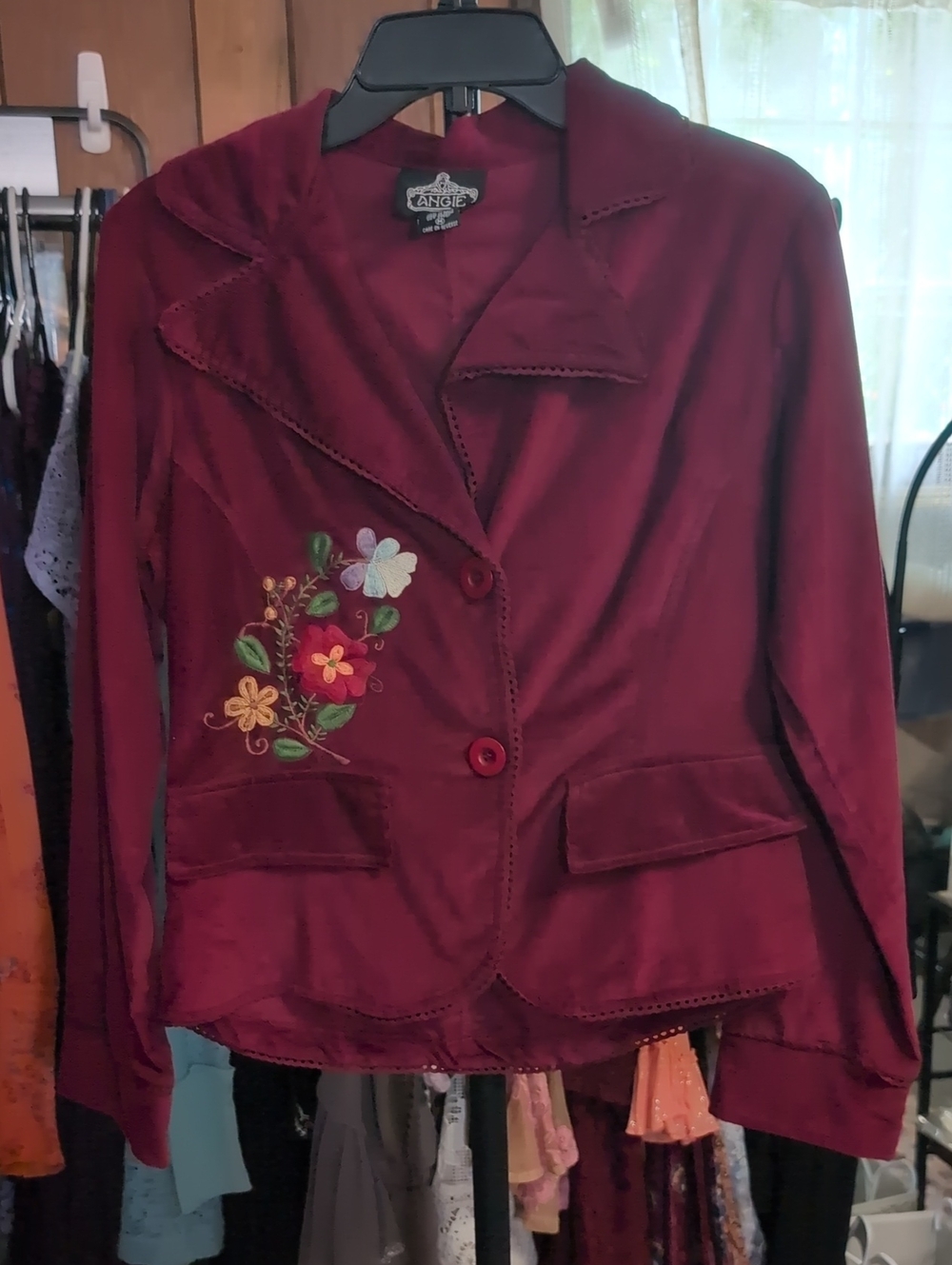 Angie Corduroy Burgundy Floral Embroidered Blazer NWOT